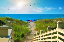 view of beach umbrellas and sandy path to the ocean on Hilton Head beach