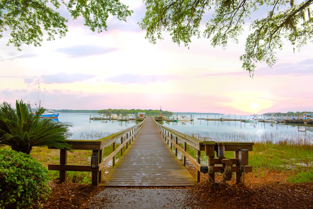 small pier in Hilton Head over a marsh at sunrise